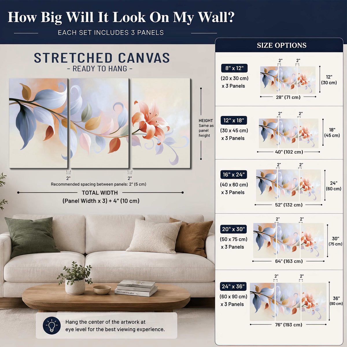 Peach blossoms and blue-green leaves in an airy cream-colored composition 3 piece canvas wall art size guide above a sofa; room view is illustrative