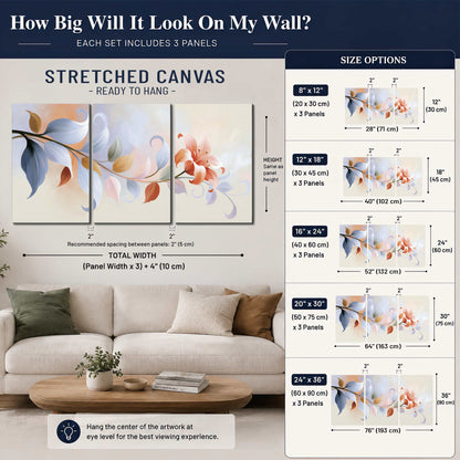 Peach blossoms and blue-green leaves in an airy cream-colored composition 3 piece canvas wall art size guide above a sofa; room view is illustrative