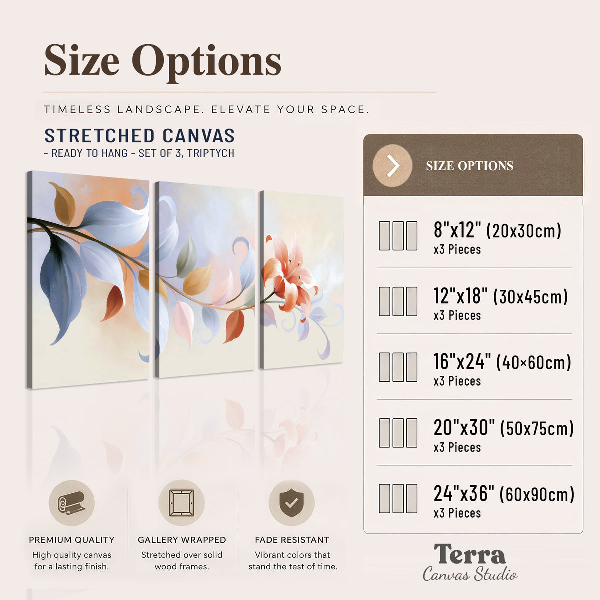 Peach blossoms and blue-green leaves in an airy cream-colored composition 3 piece canvas wall art available dimensions; triptych dimensions are per panel