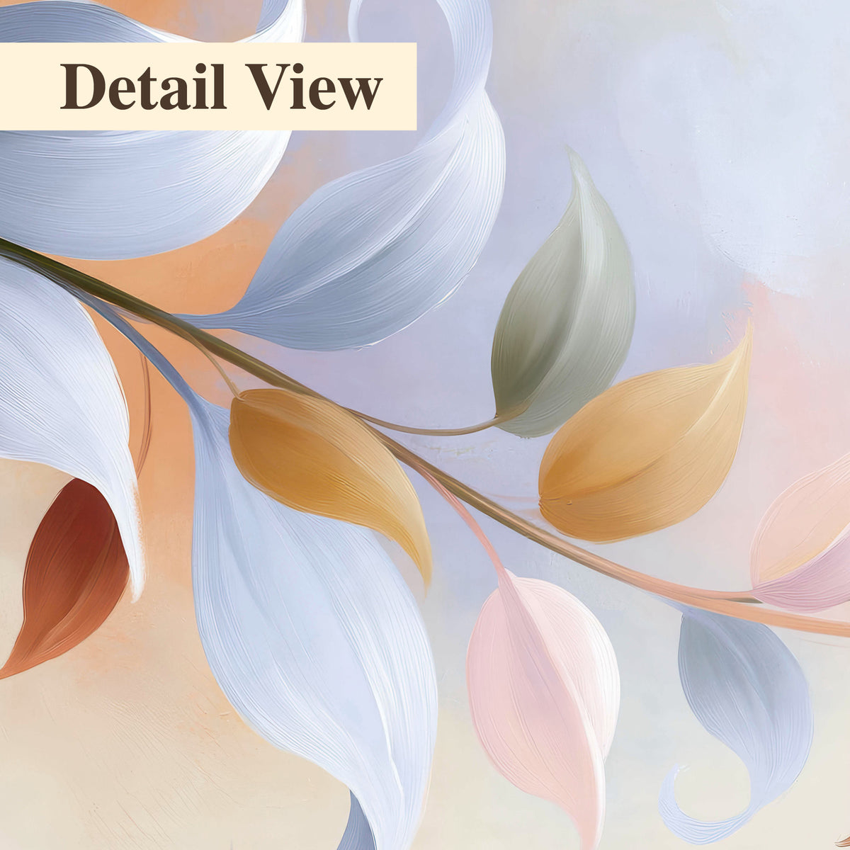Peach blossoms and blue-green leaves in an airy cream-colored composition 3 piece canvas wall art artwork detail close up