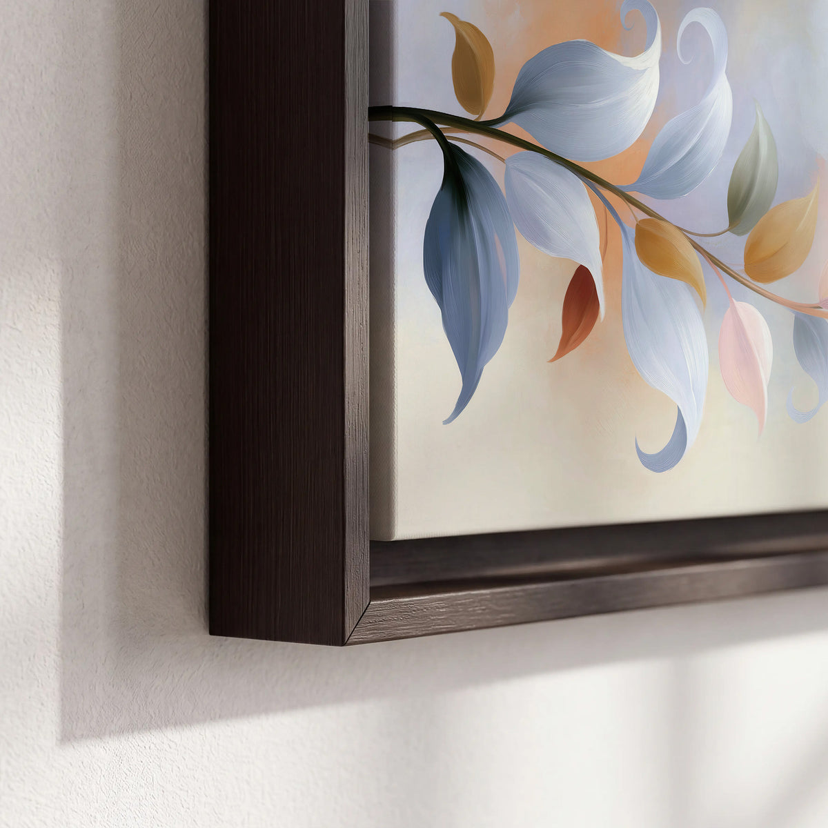 Peach blossoms and blue-green leaves in an airy cream-colored composition 3 piece framed canvas wall art material and edge close up