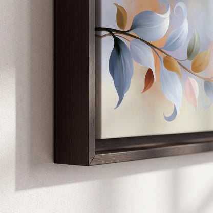 Peach blossoms and blue-green leaves in an airy cream-colored composition 3 piece framed canvas wall art material and edge close up
