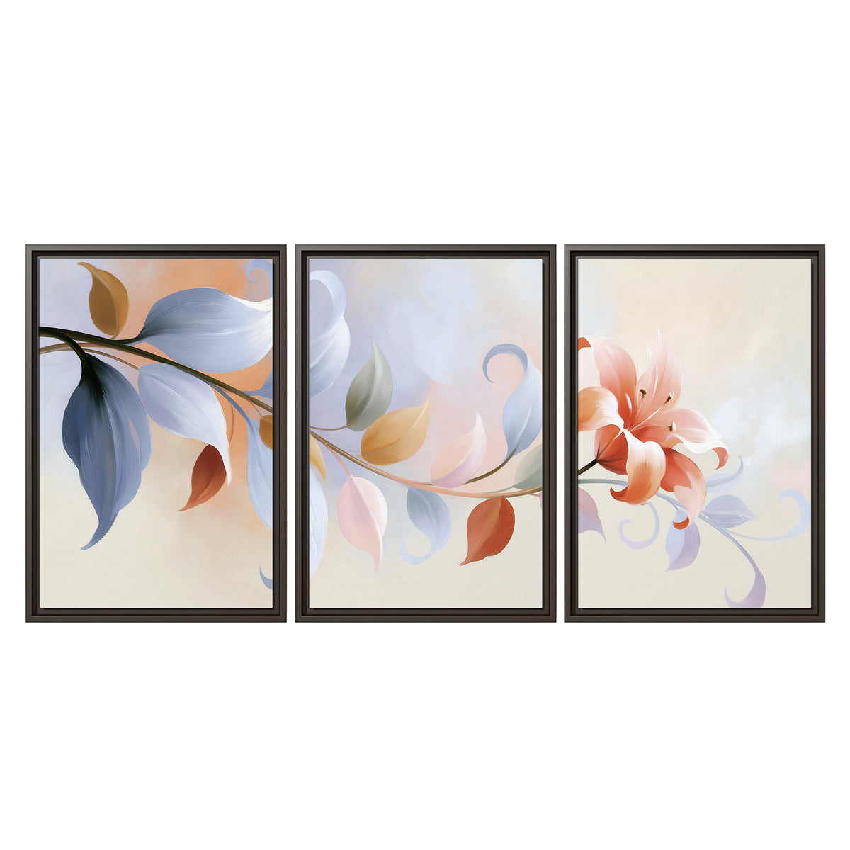 Peach blossoms and blue-green leaves in an airy cream-colored composition 3 piece framed canvas wall art viewed straight on