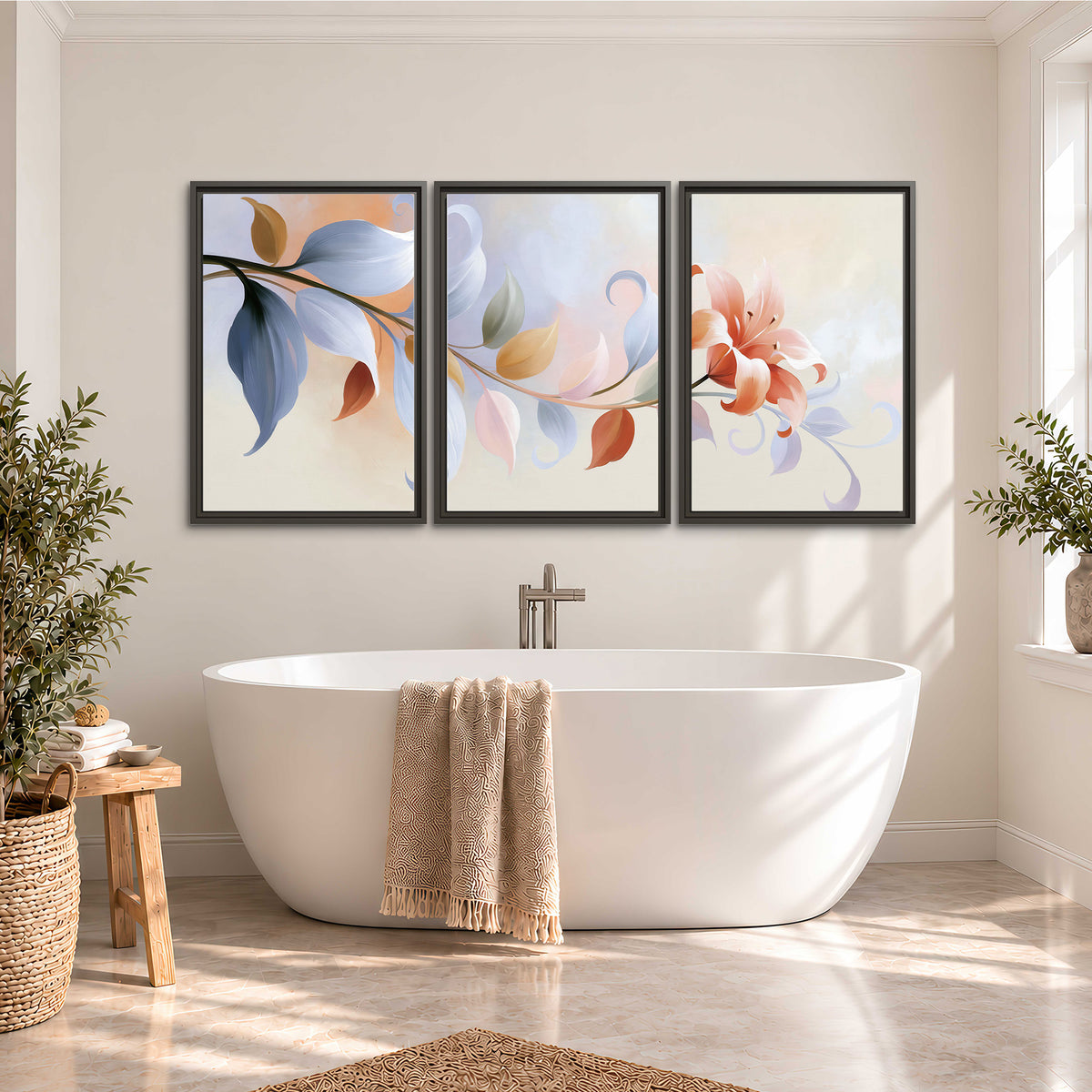 Peach blossoms and blue-green leaves in an airy cream-colored composition 3 piece framed canvas wall art styled in an interior