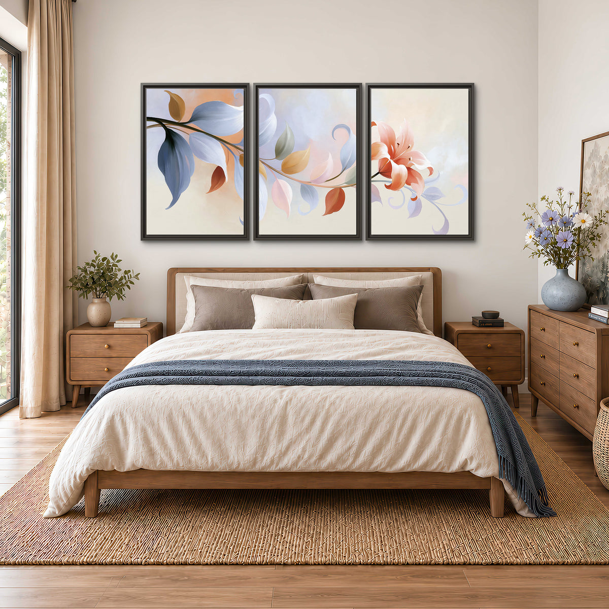 Peach blossoms and blue-green leaves in an airy cream-colored composition 3 piece framed canvas wall art styled in an interior