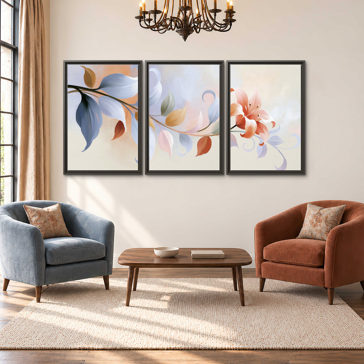Peach blossoms and blue-green leaves in an airy cream-colored composition 3 piece framed canvas wall art styled in an interior