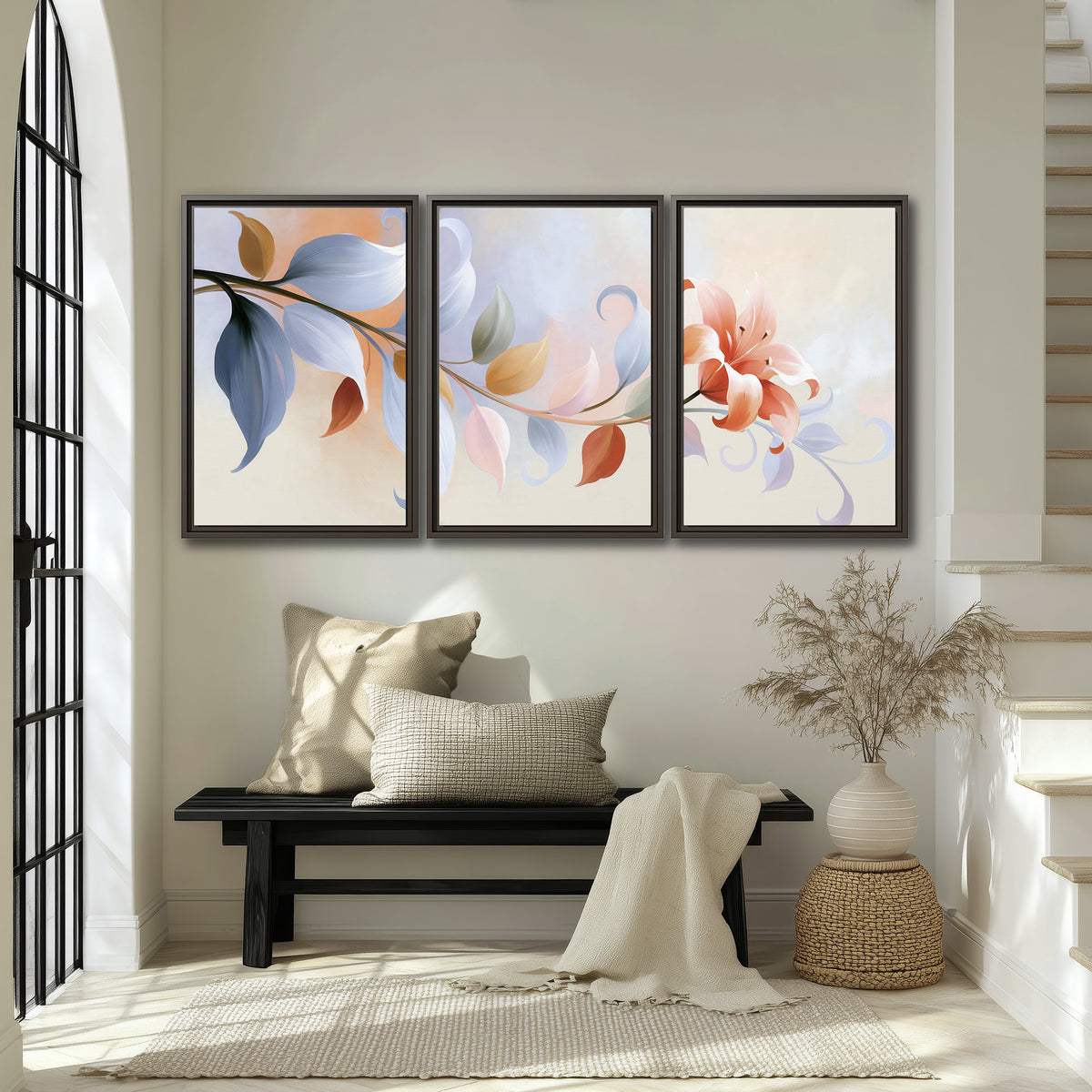 Peach blossoms and blue-green leaves in an airy cream-colored composition 3 piece framed canvas wall art displayed in a entryway