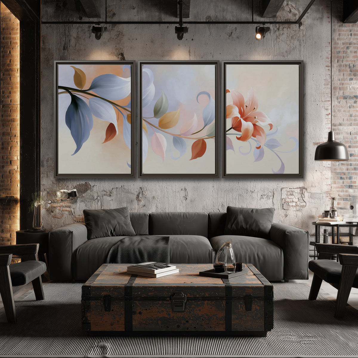 Peach blossoms and blue-green leaves in an airy cream-colored composition 3 piece framed canvas wall art displayed in a industrial room