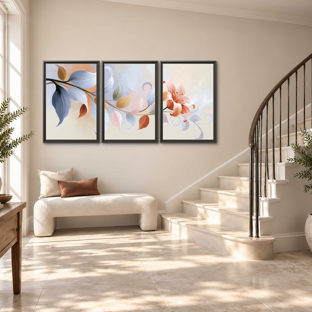 Peach blossoms and blue-green leaves in an airy cream-colored composition 3 piece framed canvas wall art styled in an interior
