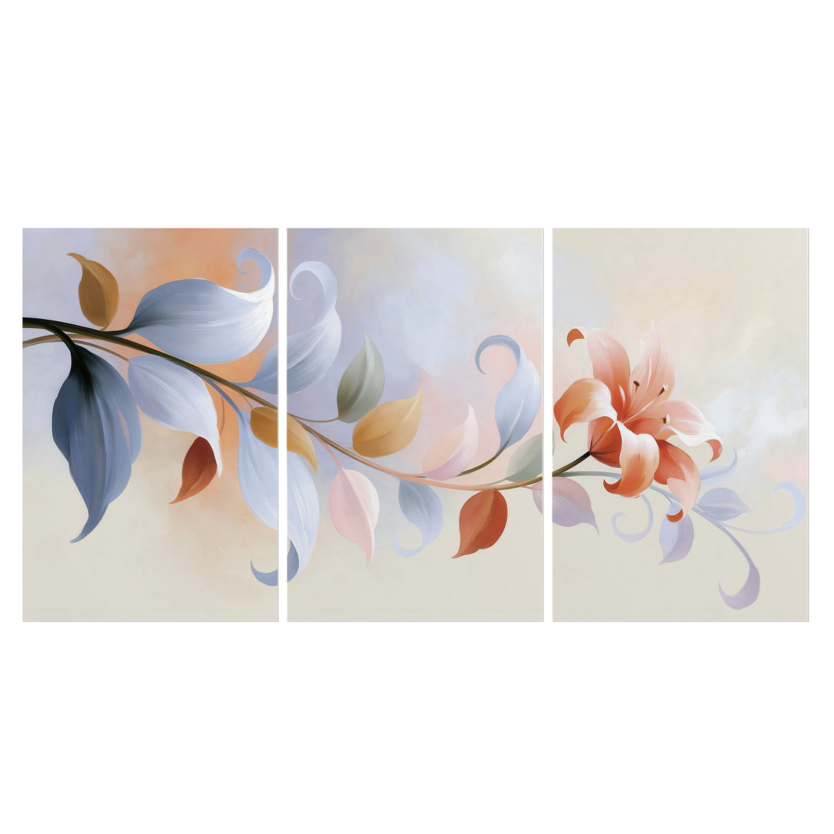 Peach blossoms and blue-green leaves in an airy cream-colored composition set of 3 poster prints viewed straight on