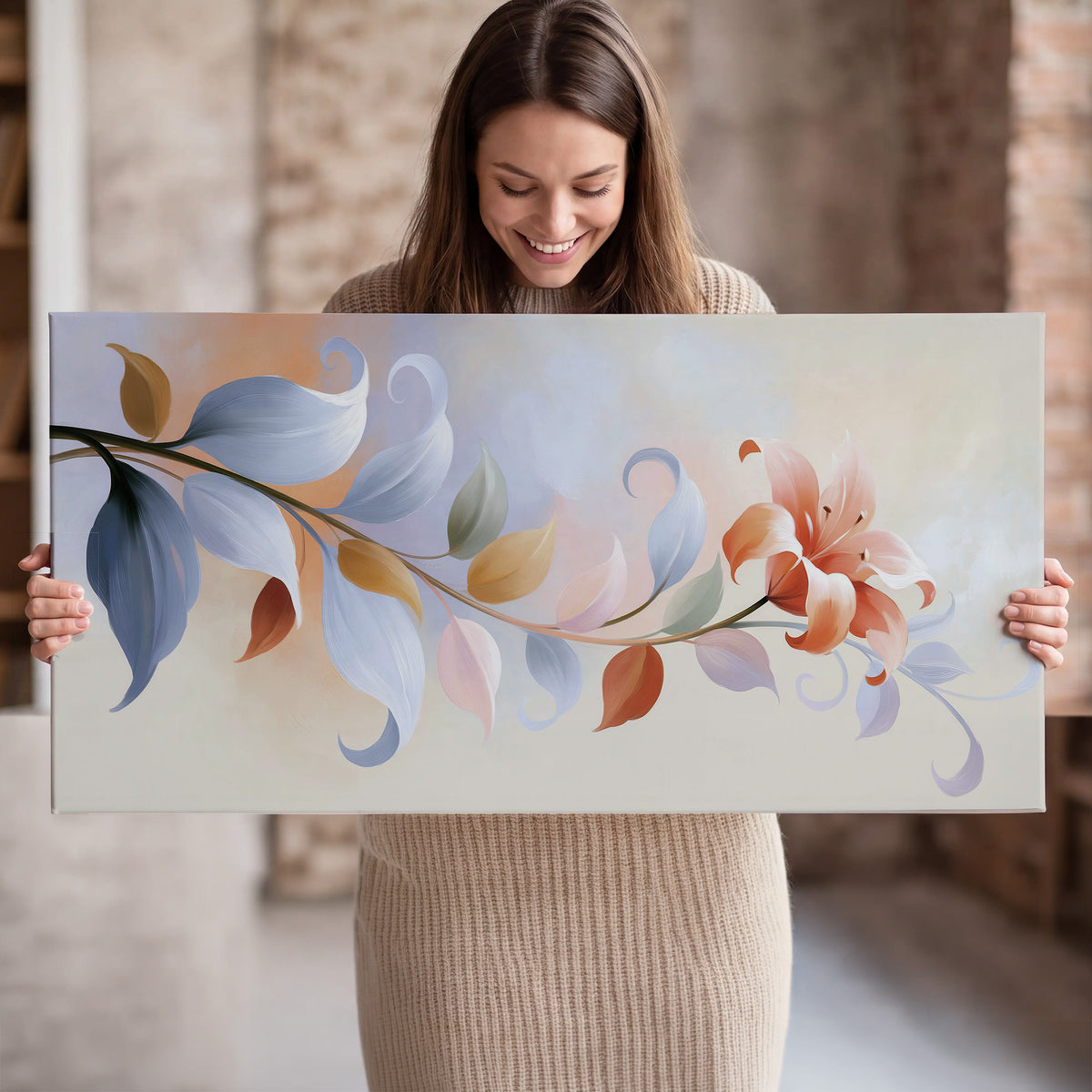 Peach blossoms and blue-green leaves in an airy cream-colored composition single canvas wall art held in hands