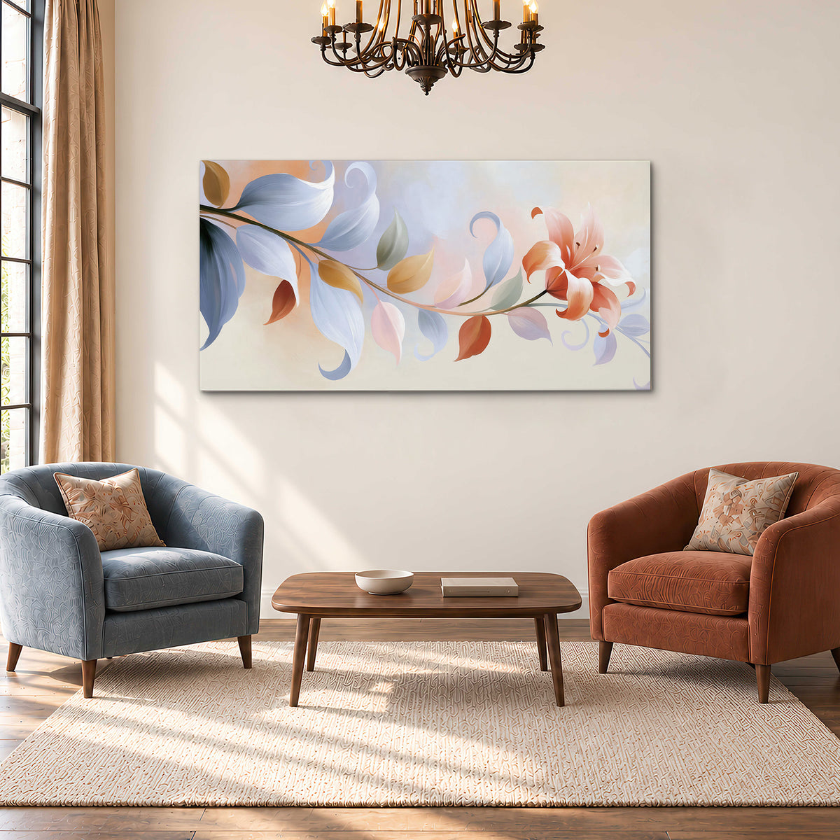 Peach blossoms and blue-green leaves in an airy cream-colored composition single canvas wall art styled in an interior