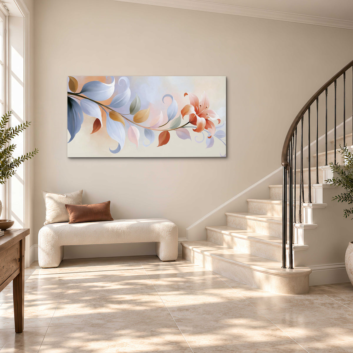 Peach blossoms and blue-green leaves in an airy cream-colored composition single canvas wall art styled in an interior