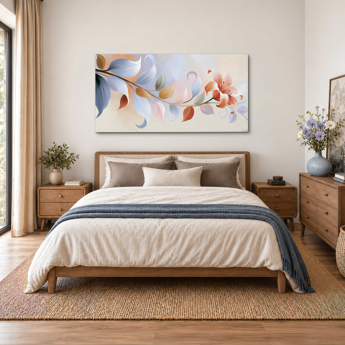 Peach blossoms and blue-green leaves in an airy cream-colored composition single canvas wall art styled in an interior