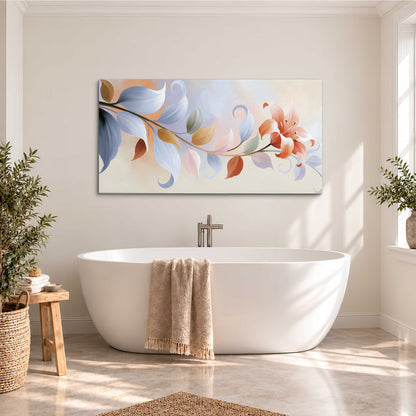 Peach blossoms and blue-green leaves in an airy cream-colored composition single canvas wall art styled in an interior
