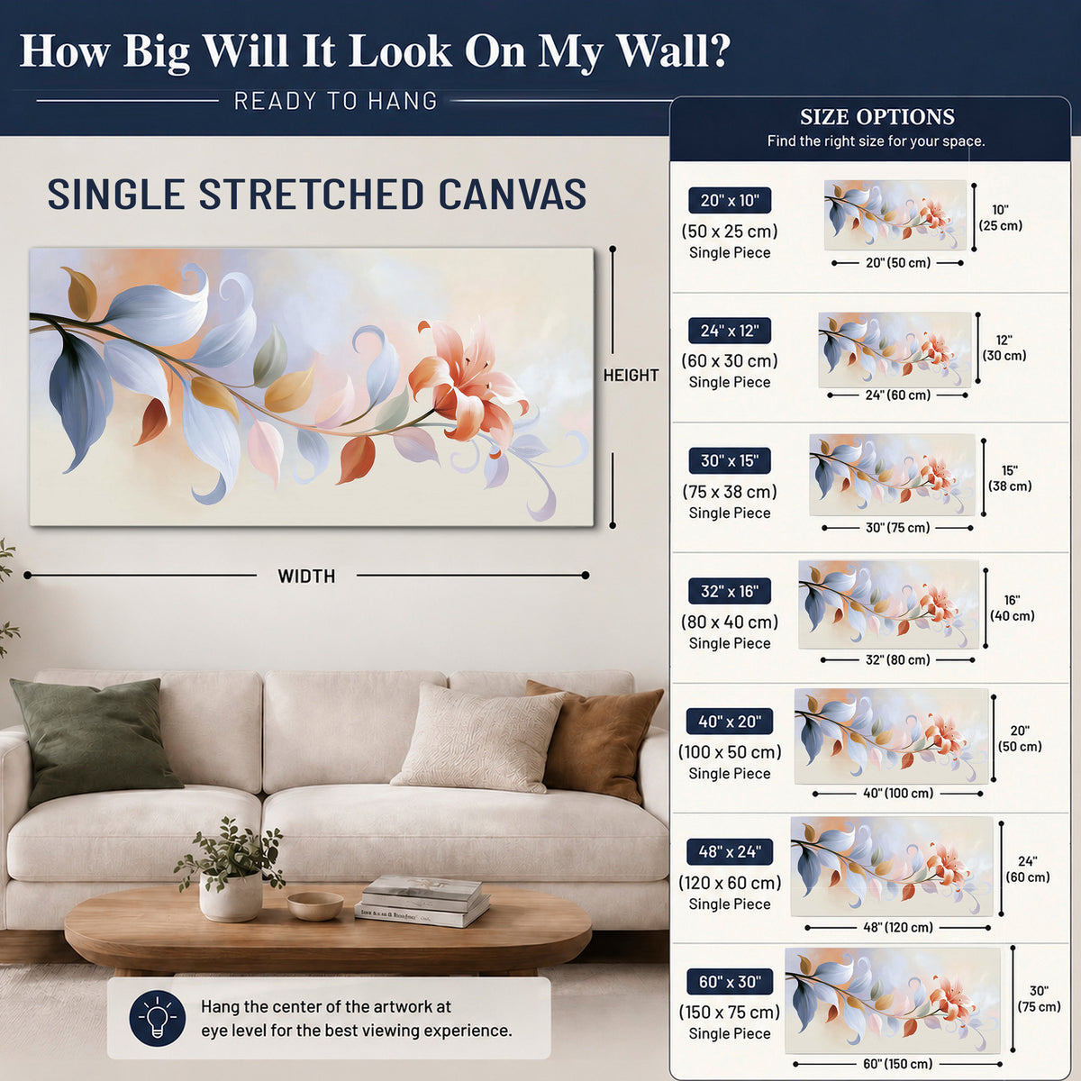 Peach blossoms and blue-green leaves in an airy cream-colored composition single canvas wall art size guide above a sofa; room view is illustrative