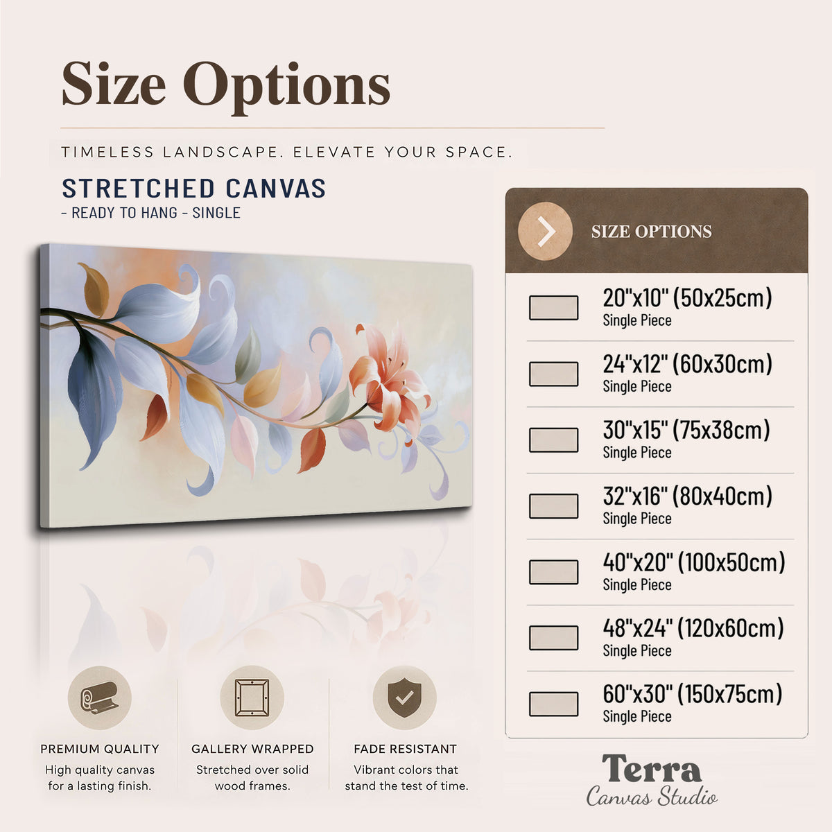Peach blossoms and blue-green leaves in an airy cream-colored composition single canvas wall art available dimensions
