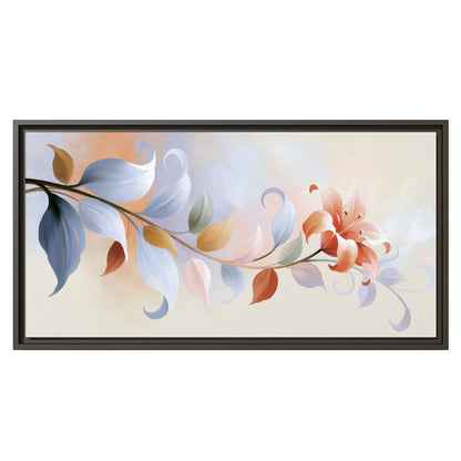 Peach blossoms and blue-green leaves in an airy cream-colored composition single framed canvas wall art viewed straight on