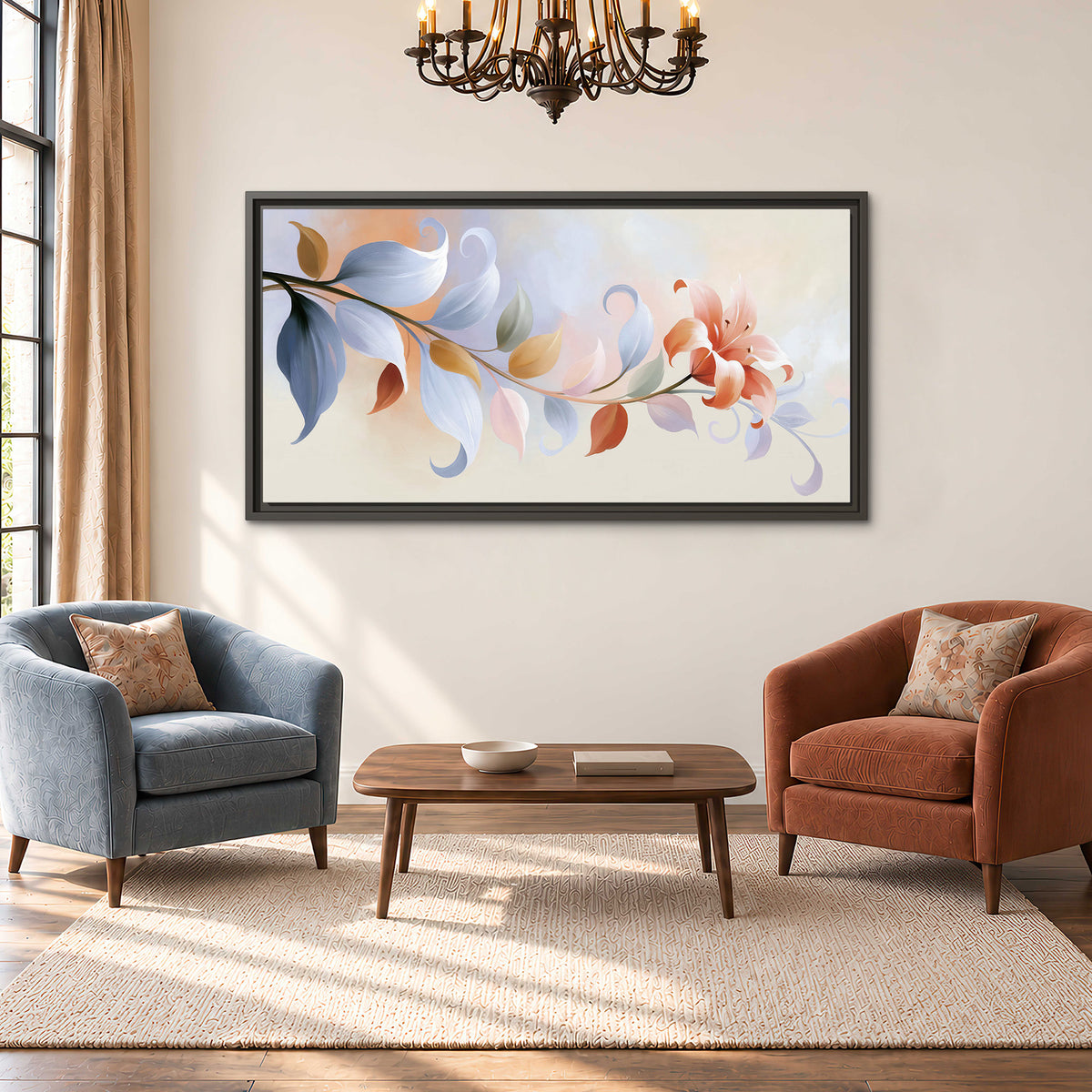 Peach blossoms and blue-green leaves in an airy cream-colored composition single framed canvas wall art styled in an interior