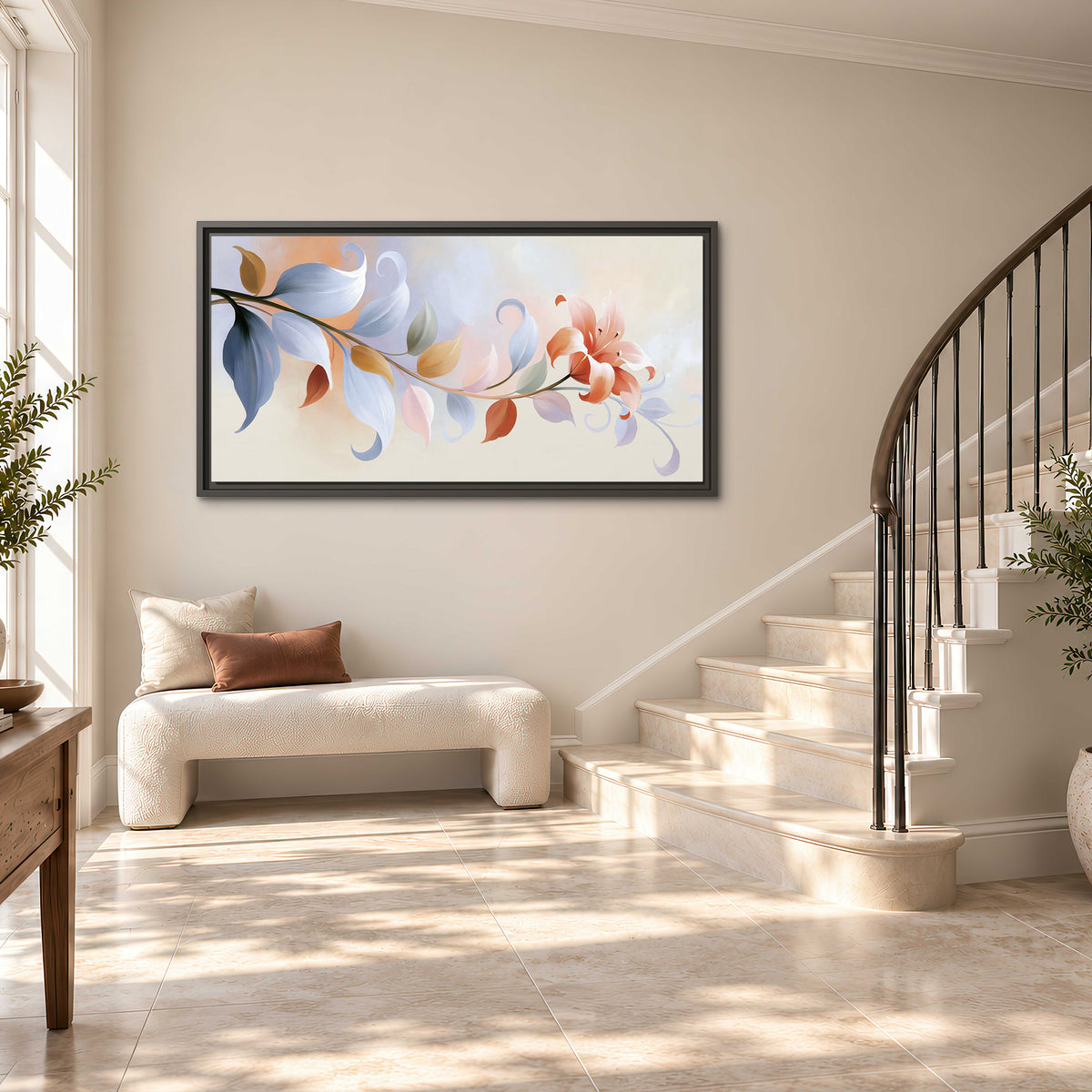 Peach blossoms and blue-green leaves in an airy cream-colored composition single framed canvas wall art styled in an interior