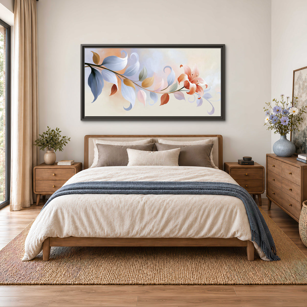 Peach blossoms and blue-green leaves in an airy cream-colored composition single framed canvas wall art styled in an interior