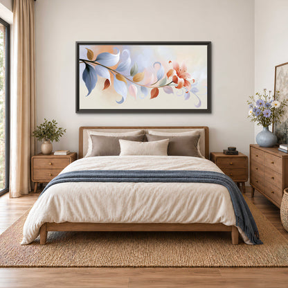 Peach blossoms and blue-green leaves in an airy cream-colored composition single framed canvas wall art styled in an interior