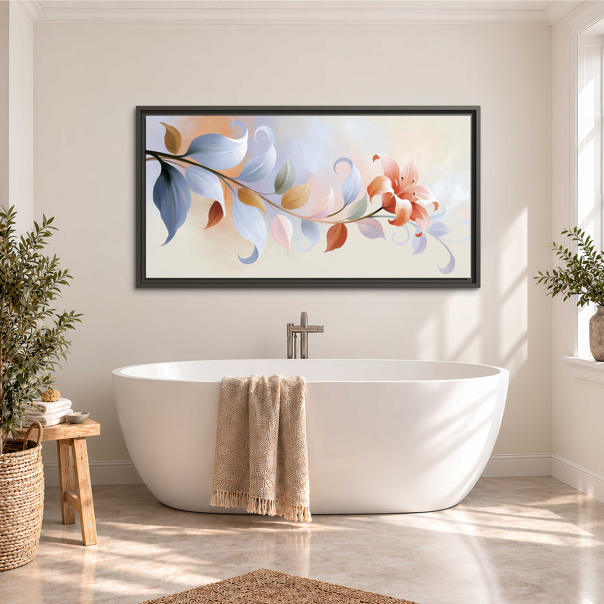 Peach blossoms and blue-green leaves in an airy cream-colored composition single framed canvas wall art styled in an interior