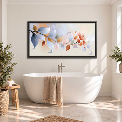 Peach blossoms and blue-green leaves in an airy cream-colored composition single framed canvas wall art styled in an interior
