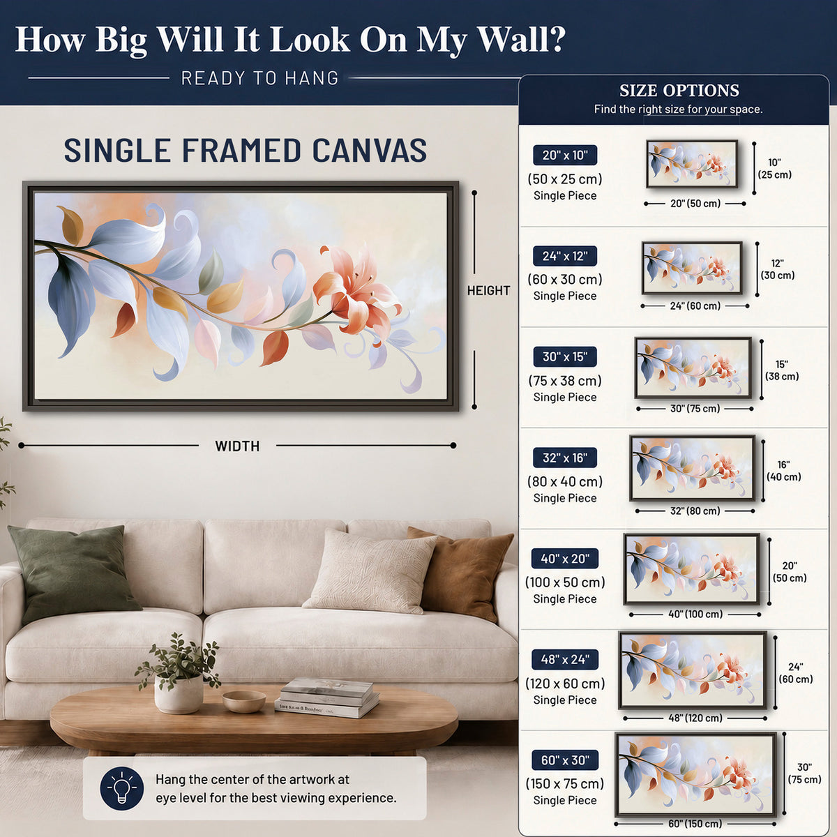 Peach blossoms and blue-green leaves in an airy cream-colored composition single framed canvas wall art size guide above a sofa; room view is illustrative