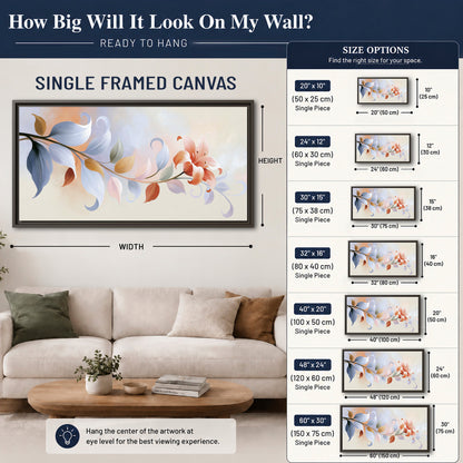 Peach blossoms and blue-green leaves in an airy cream-colored composition single framed canvas wall art size guide above a sofa; room view is illustrative