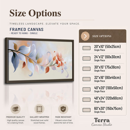 Peach blossoms and blue-green leaves in an airy cream-colored composition single framed canvas wall art available dimensions