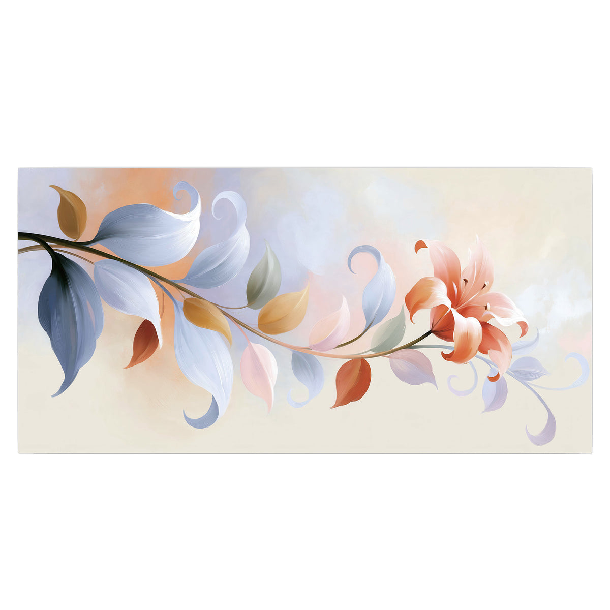 Peach blossoms and blue-green leaves in an airy cream-colored composition single poster print viewed straight on