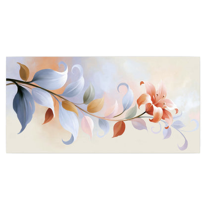Peach blossoms and blue-green leaves in an airy cream-colored composition single poster print viewed straight on
