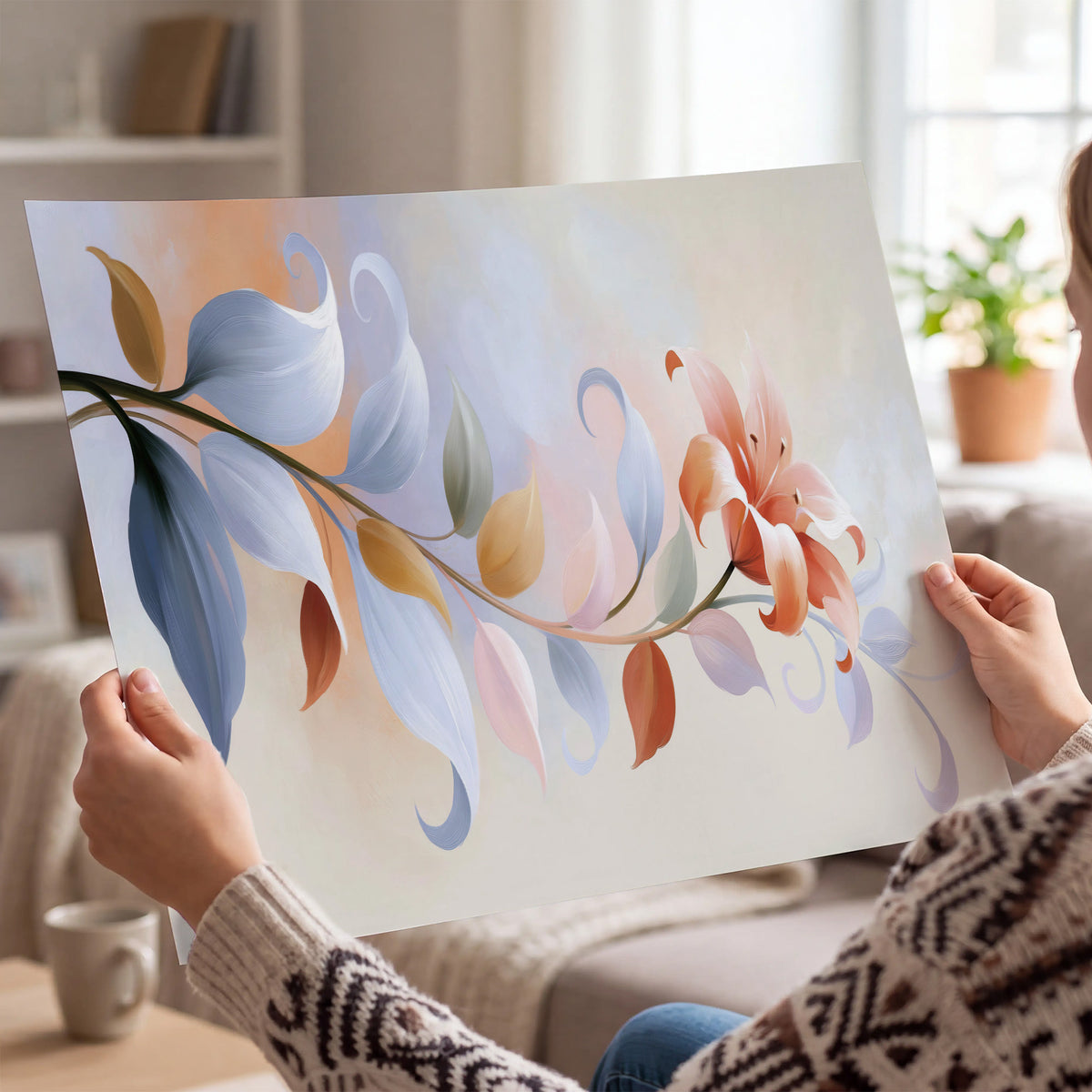 Peach blossoms and blue-green leaves in an airy cream-colored composition single poster print held in hands