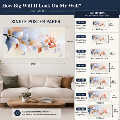 Peach blossoms and blue-green leaves in an airy cream-colored composition single poster print size guide above a sofa; room view is illustrative