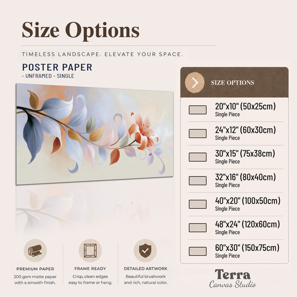 Peach blossoms and blue-green leaves in an airy cream-colored composition single poster print available dimensions