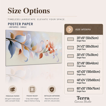 Peach blossoms and blue-green leaves in an airy cream-colored composition single poster print available dimensions