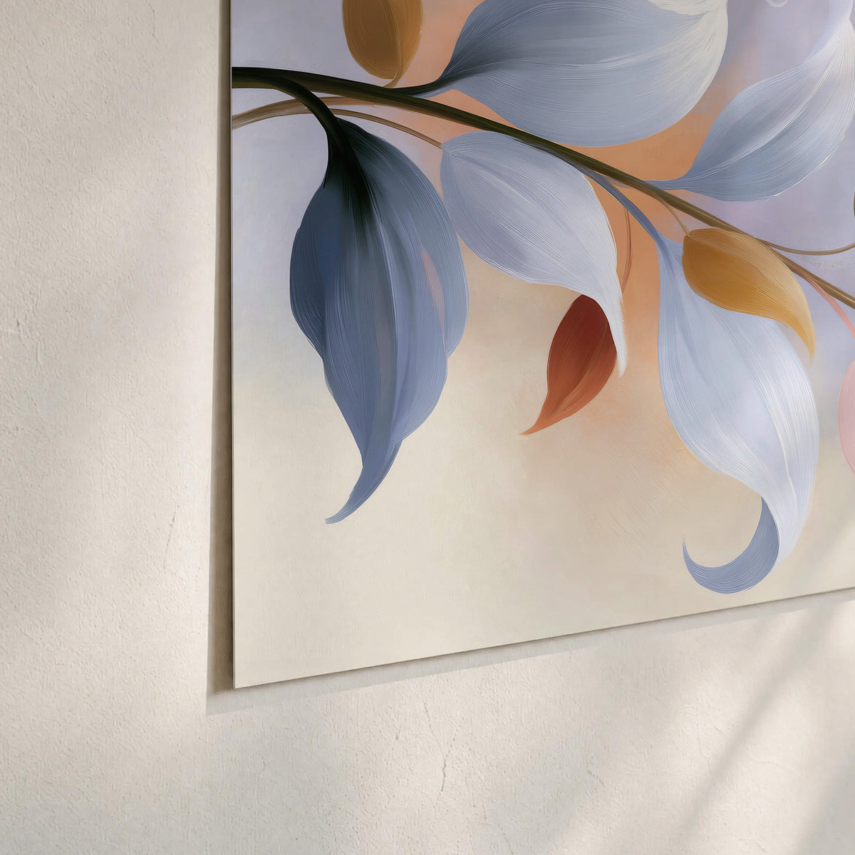 Peach blossoms and blue-green leaves in an airy cream-colored composition set of 3 poster prints material and edge close up