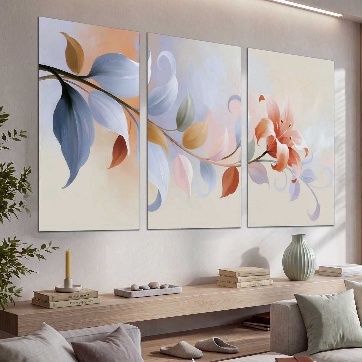 Peach blossoms and blue-green leaves in an airy cream-colored composition set of 3 poster prints displayed in a console