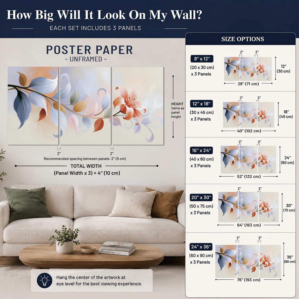 Peach blossoms and blue-green leaves in an airy cream-colored composition set of 3 poster prints size guide above a sofa; room view is illustrative