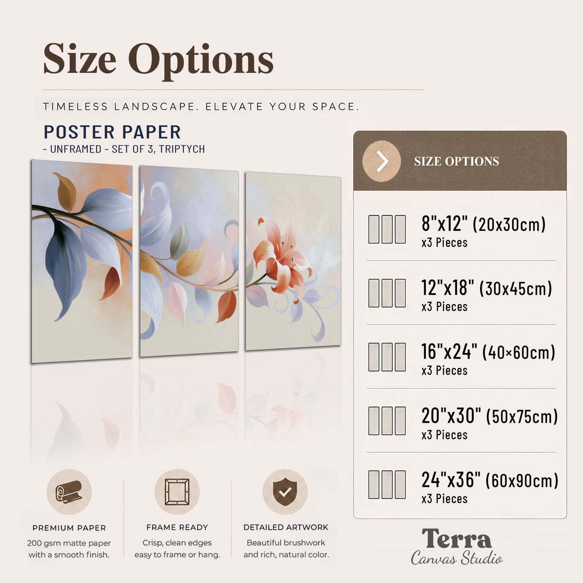 Peach blossoms and blue-green leaves in an airy cream-colored composition set of 3 poster prints available dimensions; triptych dimensions are per panel