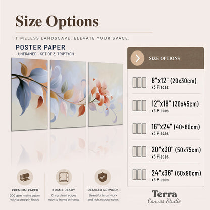 Peach blossoms and blue-green leaves in an airy cream-colored composition set of 3 poster prints available dimensions; triptych dimensions are per panel