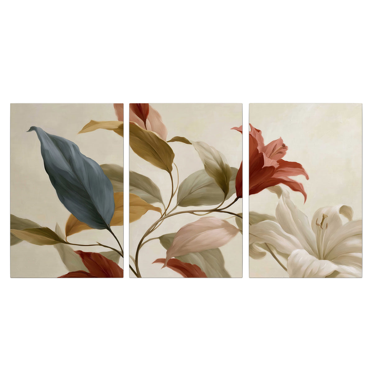 Cream flowers with broad blue and rust leaves sweeping across a neutral background 3 piece canvas wall art viewed straight on