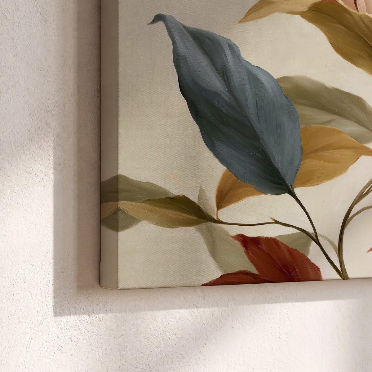 Cream flowers with broad blue and rust leaves sweeping across a neutral background 3 piece canvas wall art material and edge close up