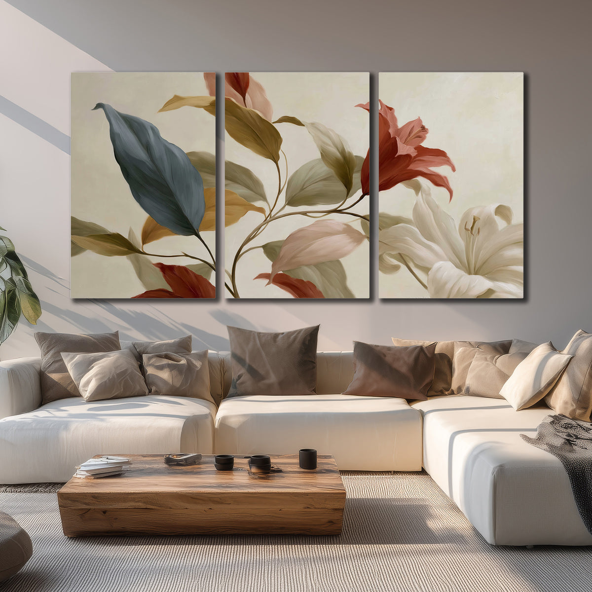 Cream flowers with broad blue and rust leaves sweeping across a neutral background 3 piece canvas wall art displayed in a living room