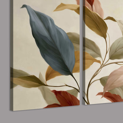 Cream flowers with broad blue and rust leaves sweeping across a neutral background 3 piece canvas wall art room and product view