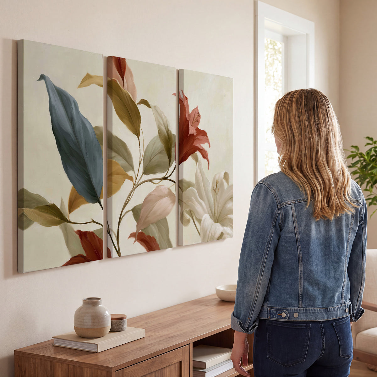 Cream flowers with broad blue and rust leaves sweeping across a neutral background 3 piece canvas wall art three panel arrangement on a wall