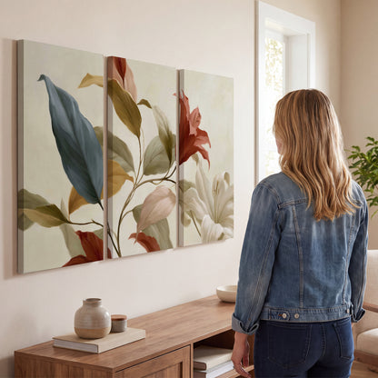 Cream flowers with broad blue and rust leaves sweeping across a neutral background 3 piece canvas wall art three panel arrangement on a wall