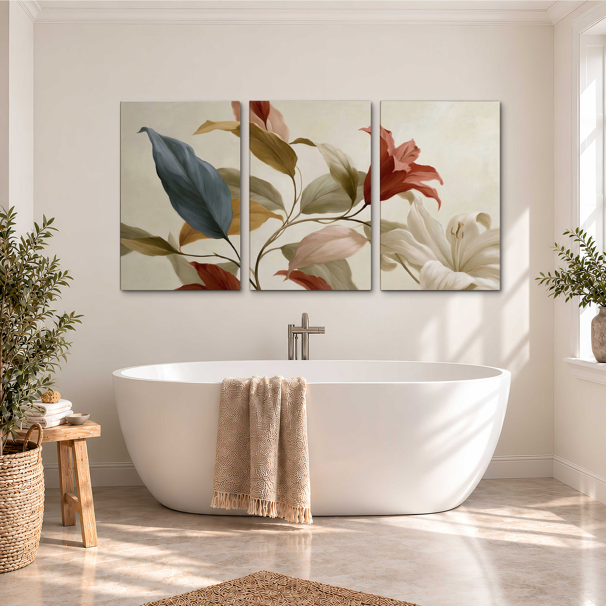 Cream flowers with broad blue and rust leaves sweeping across a neutral background 3 piece canvas wall art styled in an interior