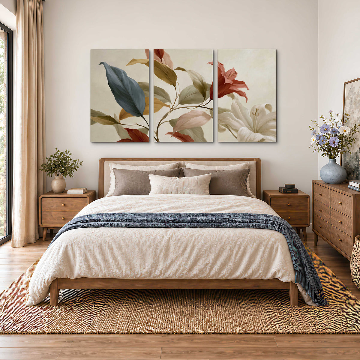 Cream flowers with broad blue and rust leaves sweeping across a neutral background 3 piece canvas wall art styled in an interior